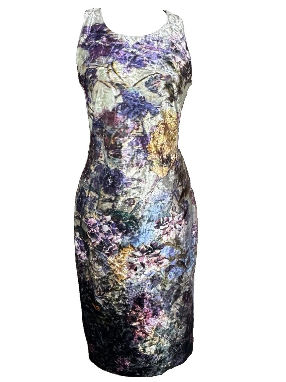 Nicole Miller Sleeveless Crushed Velvet Sheath Dress Size 4 Floral Purple Y2K 90